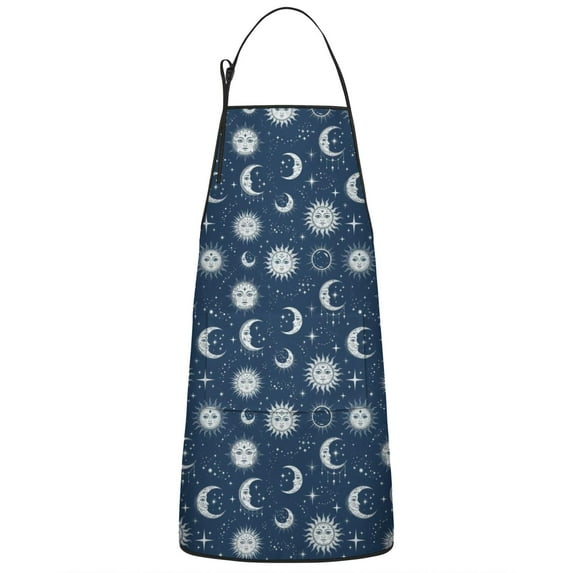 Dark Blue Sun Moon Star Pattern Apron-Garden Aprons for Women with Pockets-Cotton Linen Waterproof Kitchen Cooking Gardening Aprons Adjustable for Kitchen,Cooking,BBQ and Salon 33x27 Inch