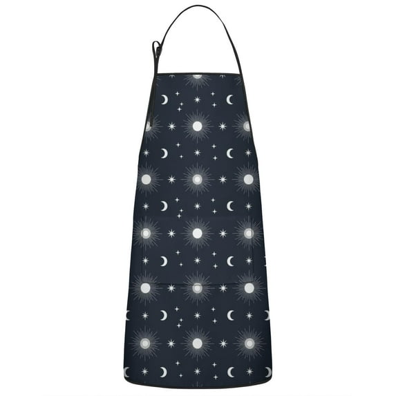 Dark Blue Sun Moon Star Pattern Apron-Garden Aprons for Women with Pockets-Cotton Linen Waterproof Kitchen Cooking Gardening Aprons Adjustable for Kitchen,Cooking,BBQ and Salon 33x27 Inch