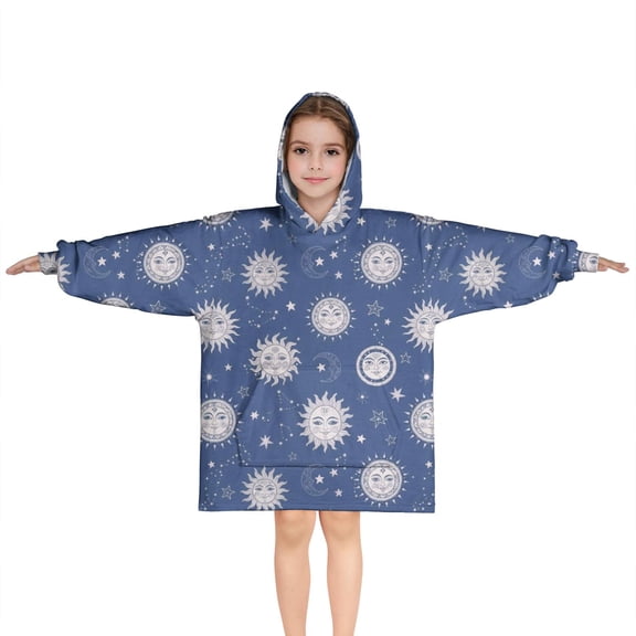 Dark Blue Sun Moon Star Pattern Blanket Hoodies for Kids 6-13YR Oversize Wearable Blanket Hoodies for Boys Girls Teens