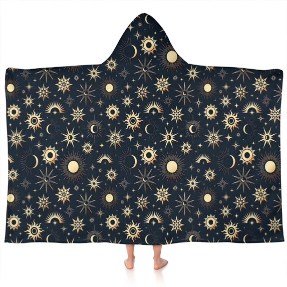 Dark Blue Sun Moon Star Pattern Hooded Bath Towel,60"x35" for Ages 3 To 12 Kids, Quick Dry Lightweight Soft Microfiber Hood Beach Towel Cover Up for Kids