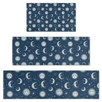 Dark Blue Sun Moon Star Pattern Kitchen Rugs Sets Of 3,Kitchen Runner Rugs Non Skid Washable,Decorative Kitchen Floor Mats for Kitchen,Sink,Laundry,17"x30"  17"x47"   17"x59"