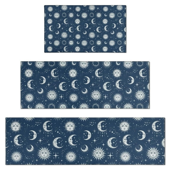 Dark Blue Sun Moon Star Pattern Kitchen Rugs Sets Of 3,Kitchen Runner Rugs Non Skid Washable,Decorative Kitchen Floor Mats for Kitchen,Sink,Laundry,17"x30"+ 17"x47" + 17"x59"