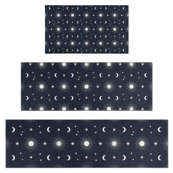 Dark Blue Sun Moon Star Pattern Kitchen Rugs Sets Of 3,Kitchen Runner Rugs Non Skid Washable,Decorative Kitchen Floor Mats for Kitchen,Sink,Laundry,17"x30"+ 17"x47" + 17"x59"