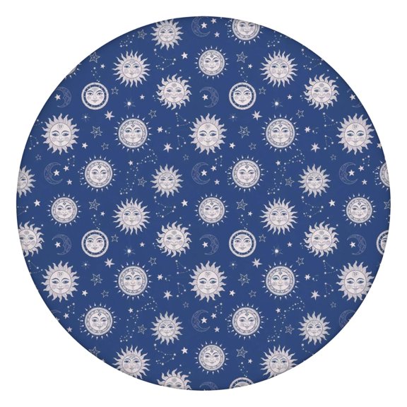Dark Blue Sun Moon Star Pattern Round Fitted Tablecloth with Elastic Edge,Dining Table Cover Waterproof,Outdoor Round Tablecloth for Camping,Dining,Indoor and Outdoor