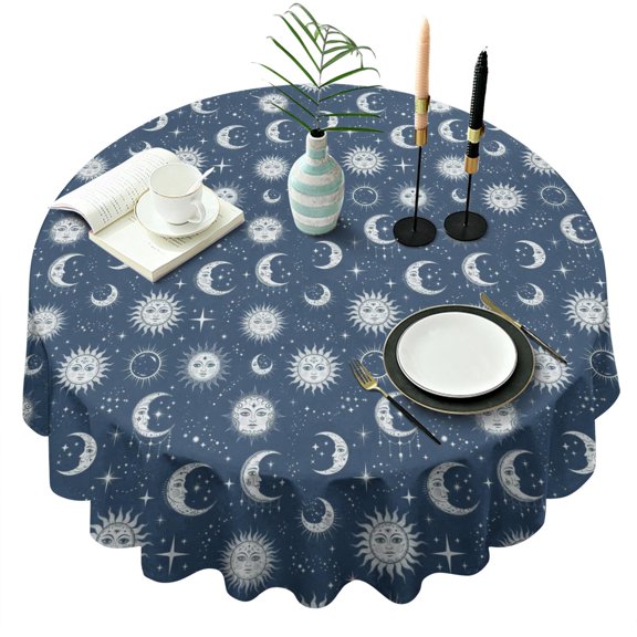 Dark Blue Sun Moon Star Pattern Round Tablecloth 60"x60",Wrinkle Wipeable Table Cloth for Kitchen Dining Room Picnic Patio Party