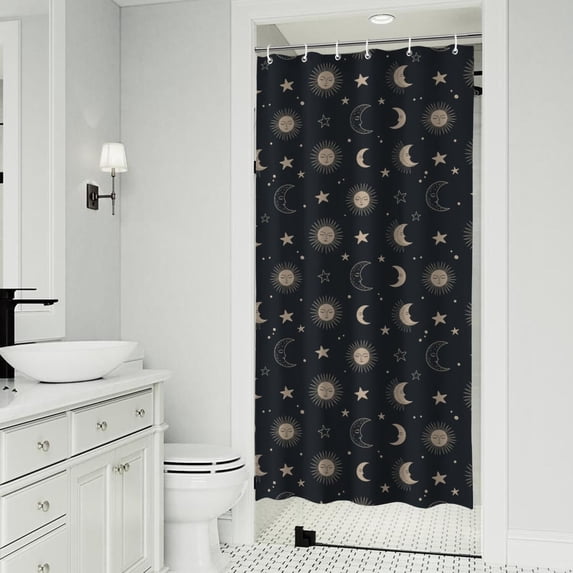 Dark Blue Sun Moon Star Pattern Shower Curtain 36"x72" ,Bathroom Decorative Shower Curtains Set with 12 Hooks,Modern Waterproof Washable Shower Curtain