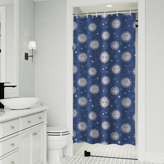 Dark Blue Sun Moon Star Pattern Shower Curtain 36"x72" ,Bathroom Decorative Shower Curtains Set with 12 Hooks,Modern Waterproof Washable Shower Curtain
