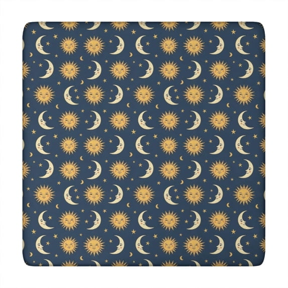 Dark Blue Sun Moon Star Pattern Square Fitted Tablecloth with Elastic Edge,Square Table Cover,Washable Elastic Table Cover for Home Kitchen Party Decor 34"x34"