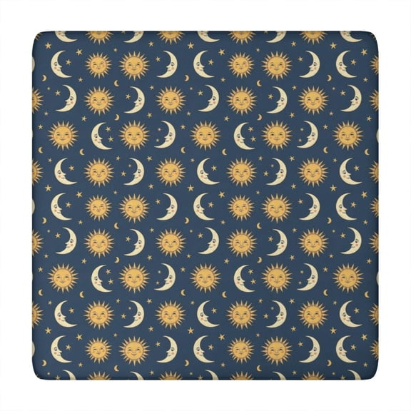 Dark Blue Sun Moon Star Pattern Square Fitted Tablecloth with Elastic Edge,Square Table Cover,Washable Elastic Table Cover for Home Kitchen Party Decor 34"x34"