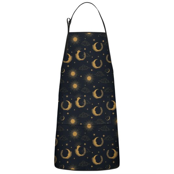 Dark Blue Sun Moon Wreath Pattern Apron-Garden Aprons for Women with Pockets-Cotton Linen Waterproof Kitchen Cooking Gardening Aprons Adjustable for Kitchen,Cooking,BBQ and Salon 33x27 Inch