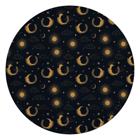 Dark Blue Sun Moon Wreath Pattern Round Fitted Tablecloth with Elastic Edge,Dining Table Cover Waterproof,Outdoor Round Tablecloth for Camping,Dining,Indoor and Outdoor