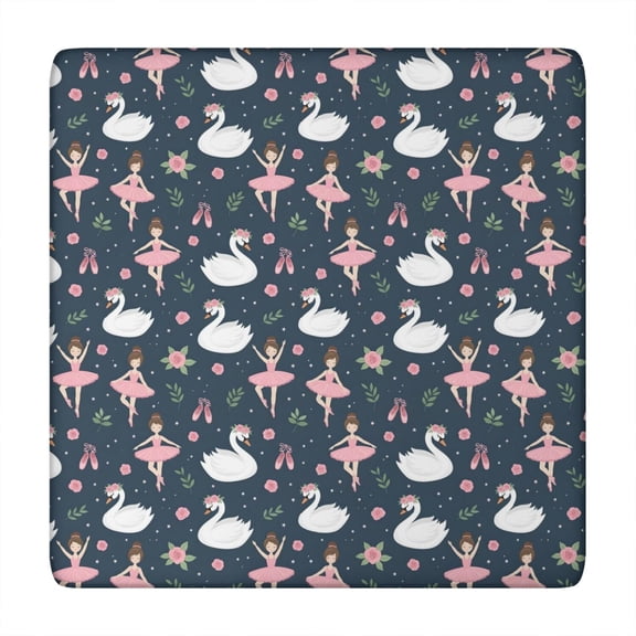 Dark Blue Swan Ballerina Pattern Square Fitted Tablecloth with Elastic Edge,Square Table Cover,Washable Elastic Table Cover for Home Kitchen Party Decor 34"x34"