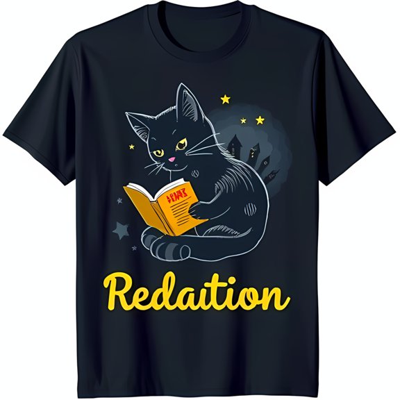 Dark Blue T-Shirt with Black Cat Reading Book & Cityscape Graphic