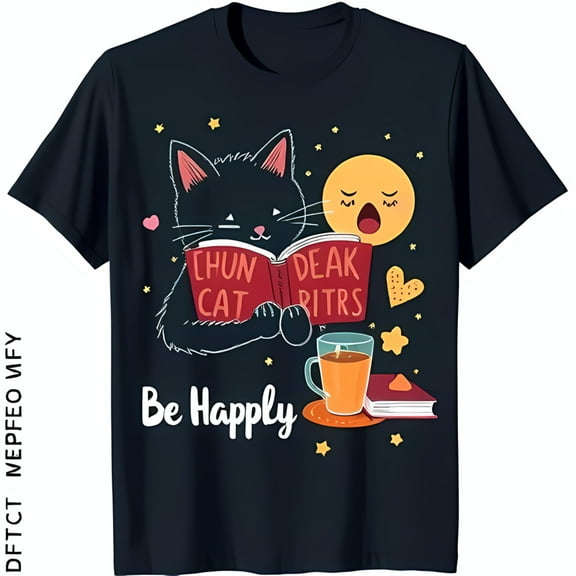 Dark Blue T-Shirt with Black Cat in Pink Collar & Book 'Be Happily' Design