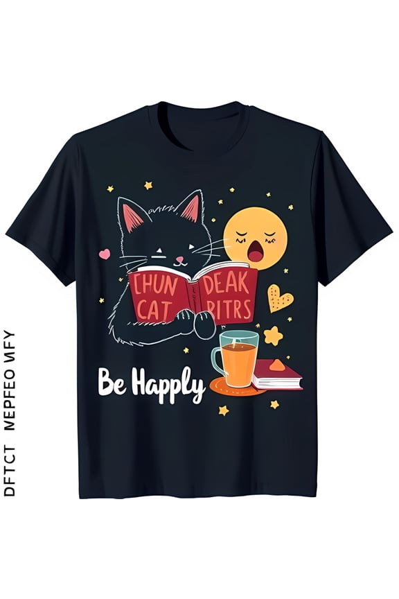 Dark Blue T-Shirt with Black Cat in Pink Collar & Book 'Be Happily' Design