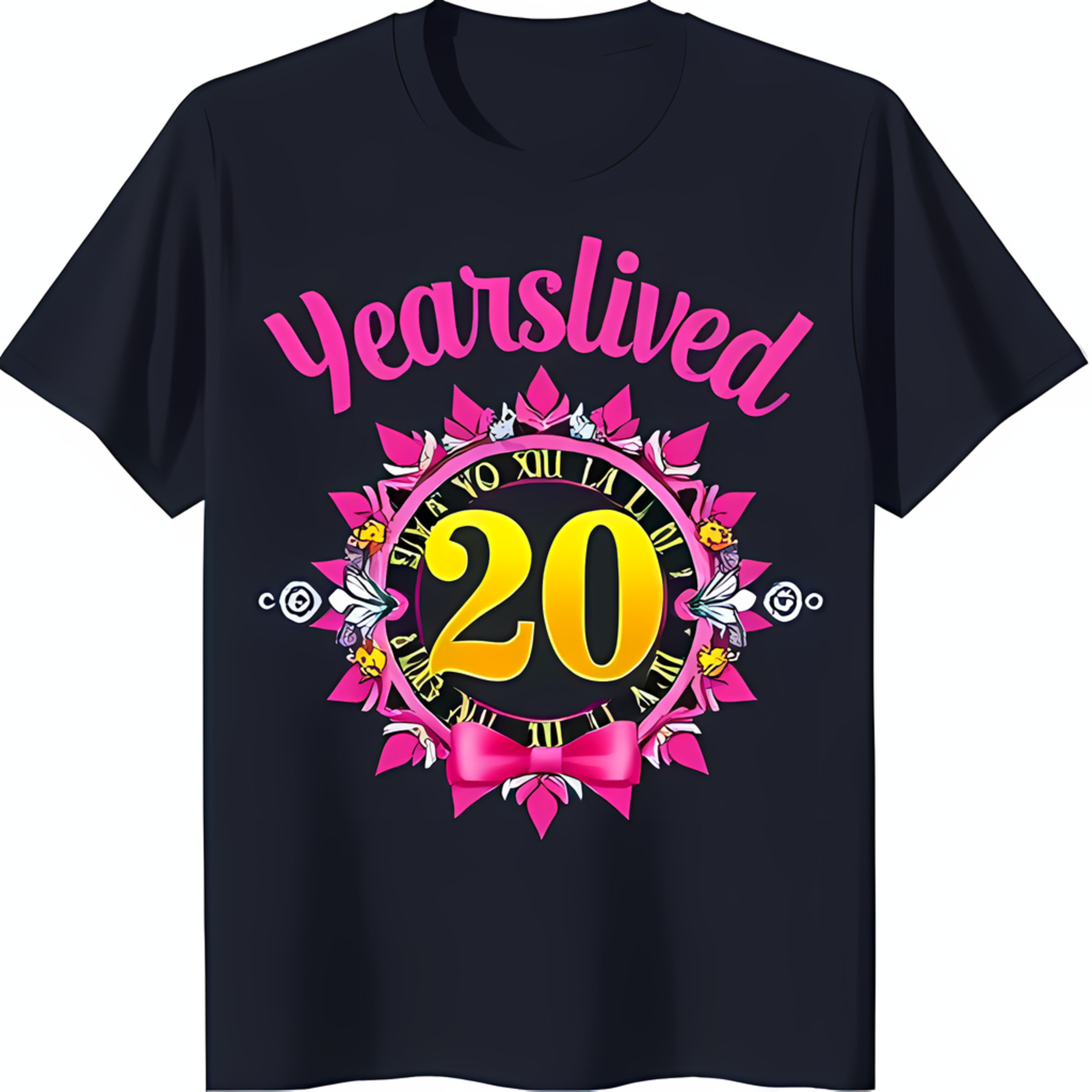 Dark Blue TShirt with Bright Pink 'Years Lived' Clock Design & Floral