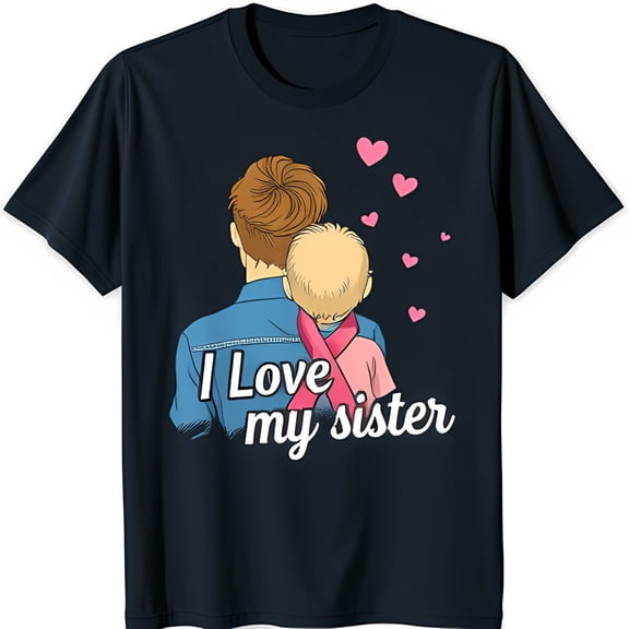 Dark Blue T-Shirt with Brother and Sister Design I Love My Sister with Hearts
