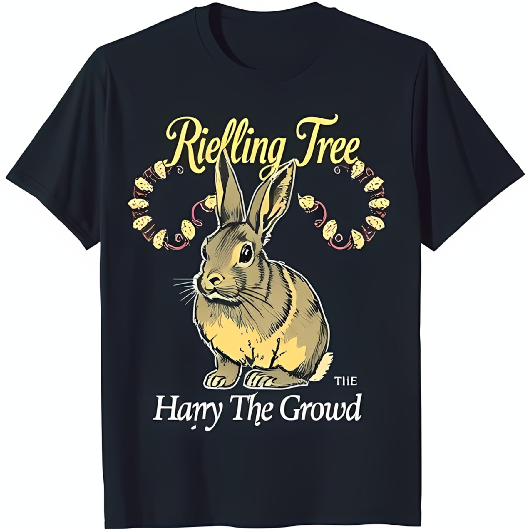 Dark Blue TShirt with Brown and Yellow Rabbit Illustration & 'Rifling