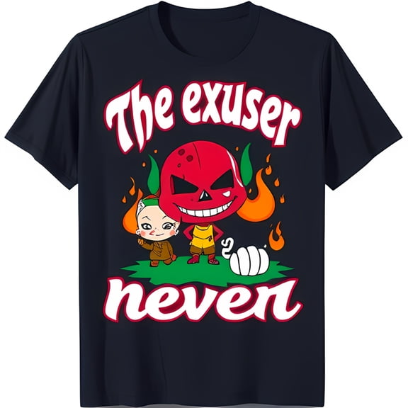 Dark Blue T-Shirt with Cartoon Pepper Graphic & Flames Fun Design