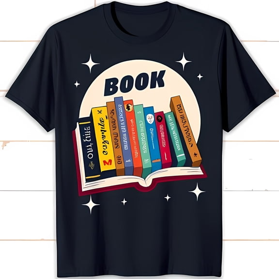 Dark Blue T-Shirt with Colorful Book Stack Design & Stars Celebrate Reading