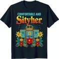 thumbnail image 1 of Dark Blue T-Shirt with Colorful 'Comfortable and Sityher' Design & Crown Floral Border, 1 of 5
