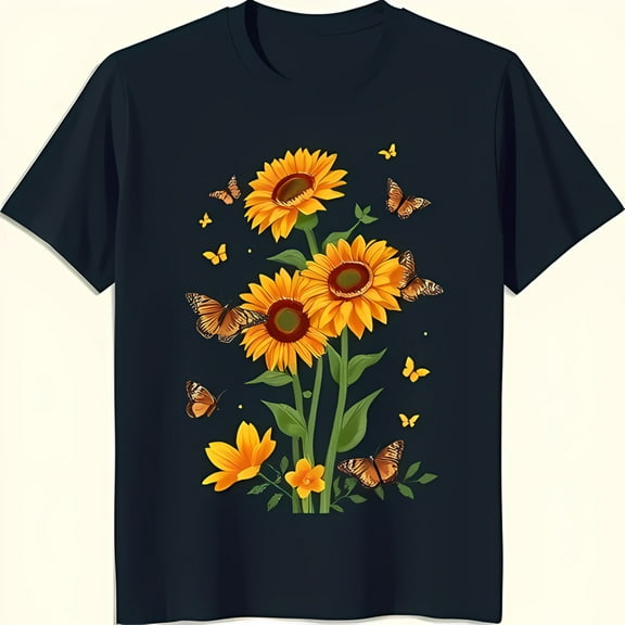 Dark Blue T-Shirt with Floral Motif: Sunflowers & Butterflies Design