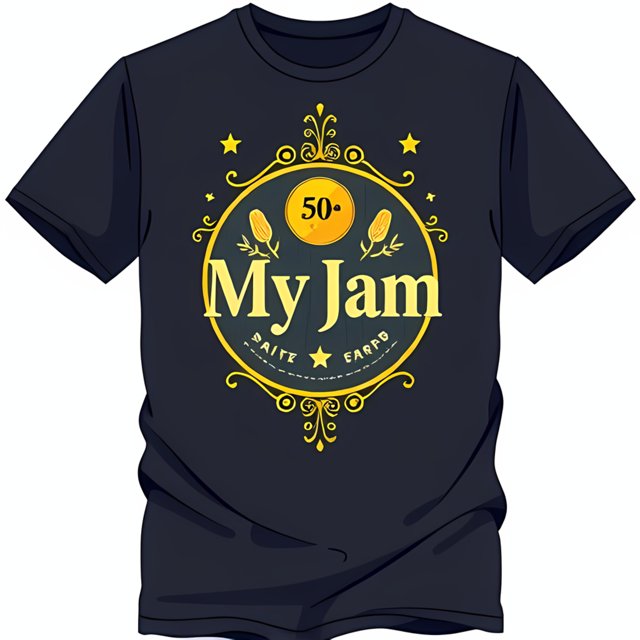 Dark Blue TShirt with Gold 'My Jam' Circle Design Ornate Details & 50
