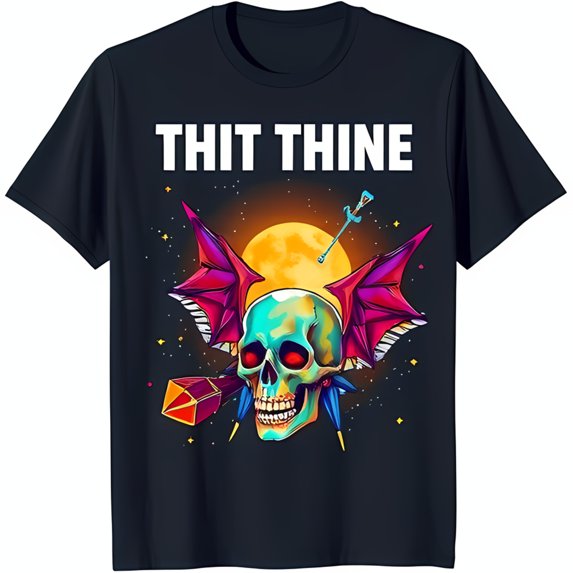 Dark Blue T-Shirt with Graphic Glowing Red Eyes & Colorful Wings 'THIT THINE' Design