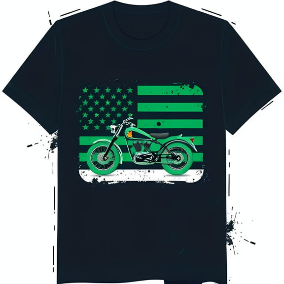 Dark Blue T-Shirt with Green & Motorcycle Design Unique Graphic Tee