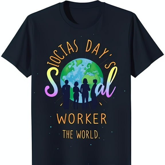 Dark Blue T-Shirt with Rainbow Globe Design & Silhouettes for Social Workers