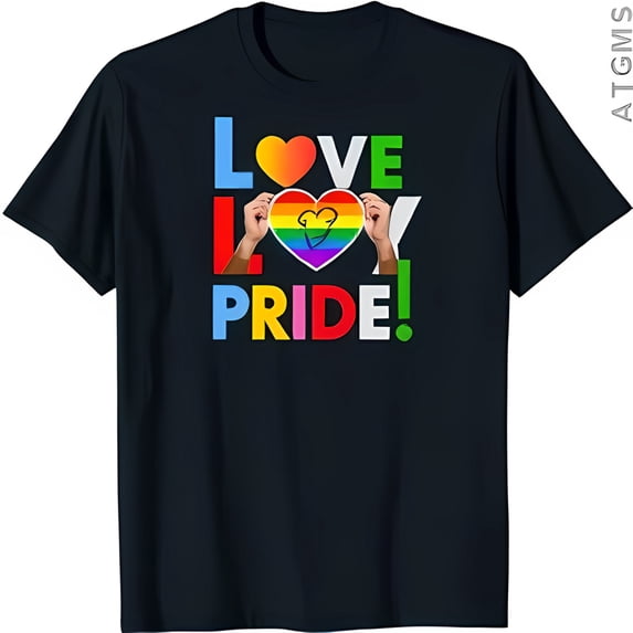 Dark Blue T-Shirt with Rainbow 'LOVE' & 'PRIDE' Design Featuring Heart and Hands