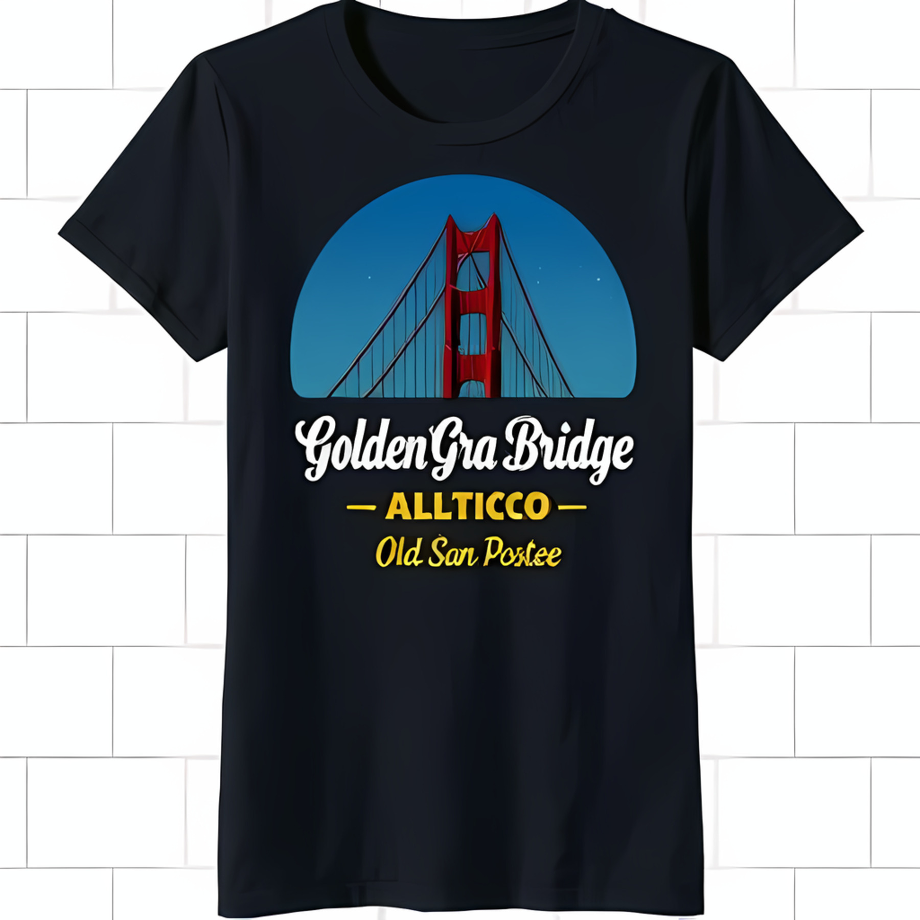 Dark Blue TShirt with Red Bridge Graphic Blue Sky & White Stars