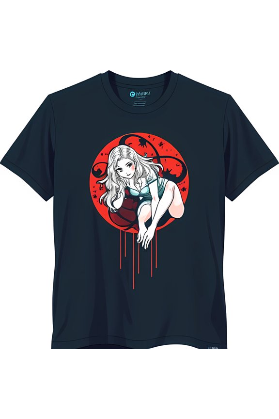 Dark Blue T-Shirt with Red Circle Design Featuring Mischievous Woman