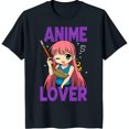 Dark Blue TShirt with Stylized Anime Girl Pink Hair & Noodles 'Anime