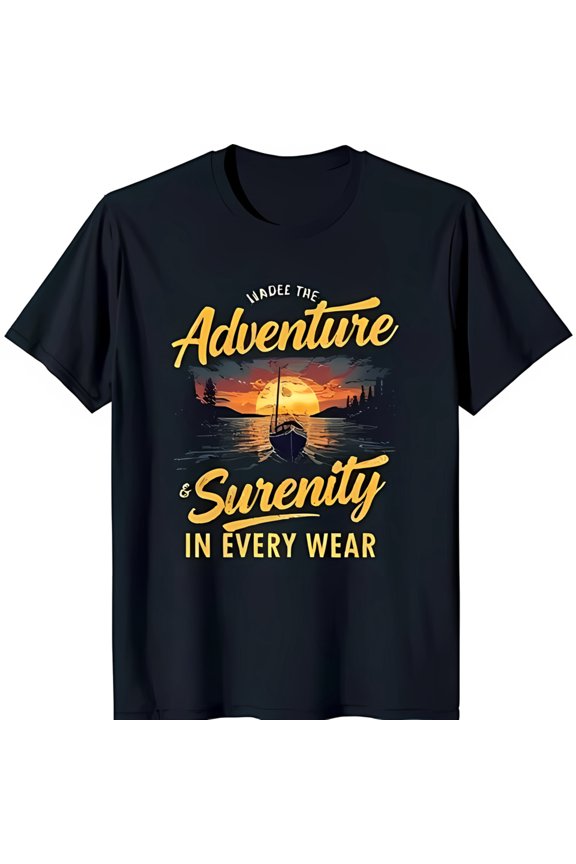 Dark Blue T-Shirt with Sunset Scene & Sailboat Adventure & Serenity Design