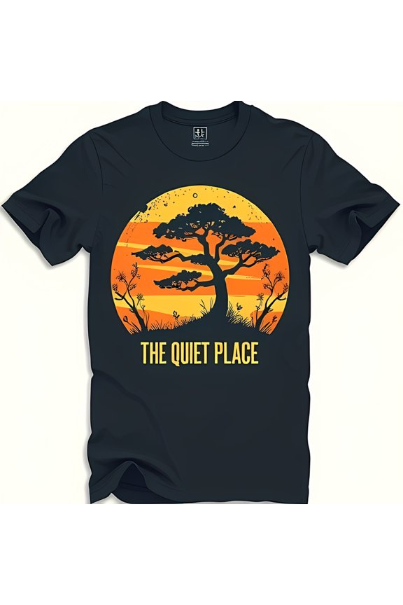 Dark Blue T-Shirt with Sunset Tree Graphic 'THE QUIET PLACE'