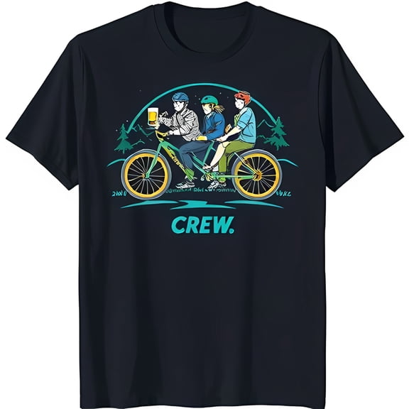 Dark Blue T-Shirt with Tandem Bike Graphic Fun Design of 3 Riders