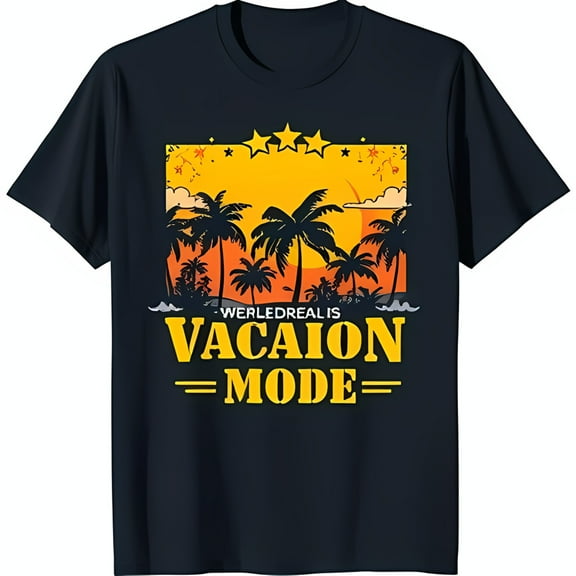 Dark Blue T-Shirt with Vibrant Beach Scene Graphic 'WERLEDREAL IS VACATION MODE' Design
