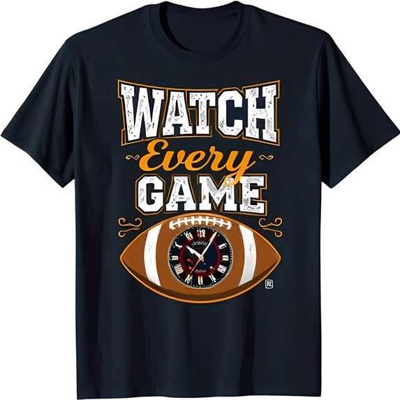 Dark Blue T-Shirt with White Clock Graphic 'Watch Every Game' Design