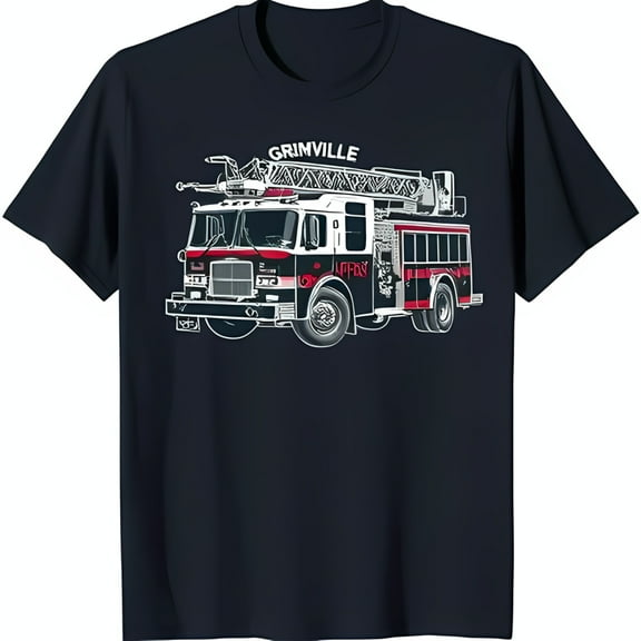 Dark Blue T-Shirt with White Fire Truck Graphic 'Grimville' Fire Dept Design