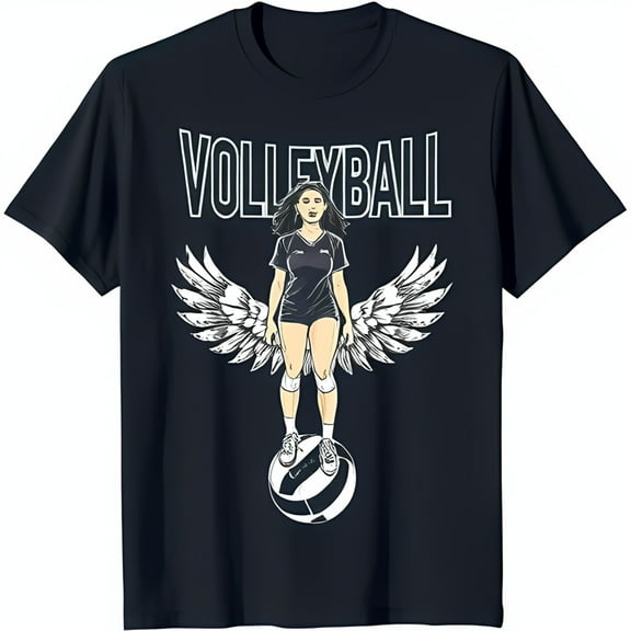 Dark Blue T-Shirt with White Graphic of Winged Woman on Volleyball 'VOLLEYBALL' Design