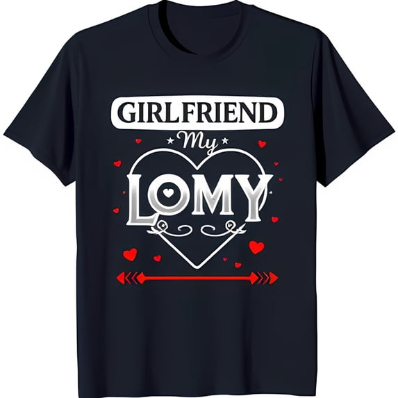 Dark Blue T-Shirt with White Heart Design 'Lomy Girlfriend My' Graphic Tee with Red Accents and Decorative Arrow