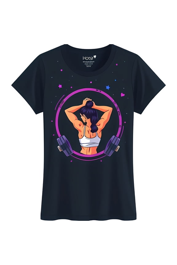 Dark Blue T-Shirt with Woman Lifting Weights Design Fitness Graphic Tee