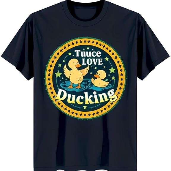Dark Blue T-Shirt with Yellow & Green Circular Design 'Twice Love Ducking' Graphic Tee