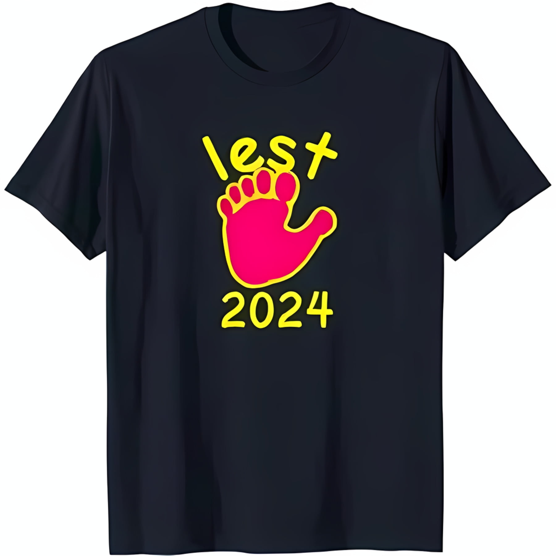 Dark Blue TShirt with Yellow 'Lest 2024' Inscription and Pink