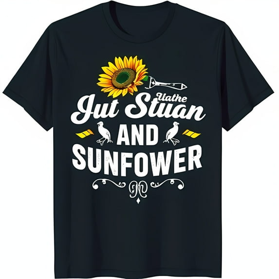 Dark Blue T-Shirt with Yellow Sunflower Graphic & 'Just Stuan And Sunflower' Text