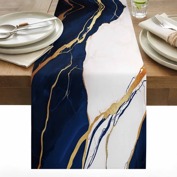 Dark Blue Table Runner 13x48 inch Marble Texture Cotton Linen Dining Table Runner Ideal for Dresser Kitchen Coffee Tables - Machine Washable
