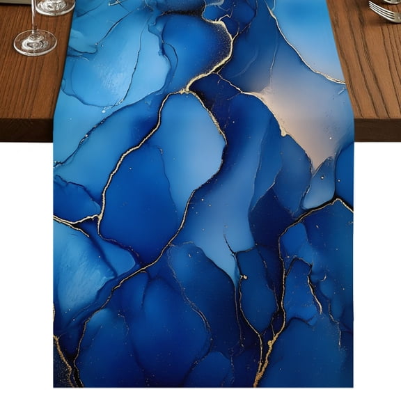 Dark Blue Table Runner 48 Inches Long, Marble Abstract Art Rock Texture Fluid Art Modern Cotton Linen Dining Table Runner Dresser Scarves for Home Kitchen Party Decor 13"x48"