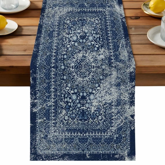 Dark Blue Table Runner, Medieval Ethnic Cotton Linen Table Cloth, Turkish Retro Tablerunner for Kitchen Dining Party Wedding Home Decor 13x48 Inch