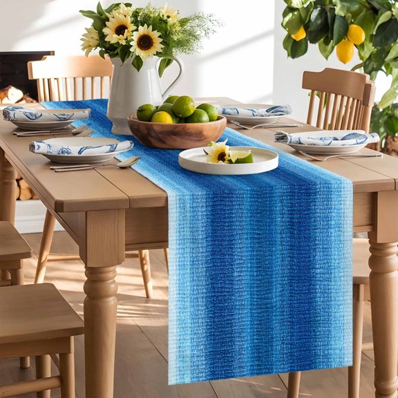 Dark Blue Table Runner, Theme Gradient Grid Texture Pastoral Abstract Washable Kitchen Table Runners Dress Scarves for Dining Table Decorations Party/Restaurant/Indoor Outdoor Use, 13x36in